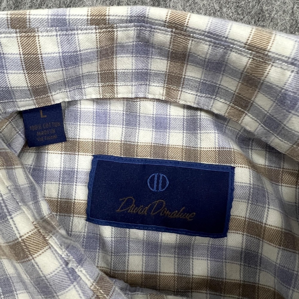 David Donahue Shirt Mens L Blue Beige Check Long Sleeve Button Cotton Office - Picture 3 of 16